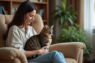 Jeune femme caressant son chat tigré dans un salon cosy