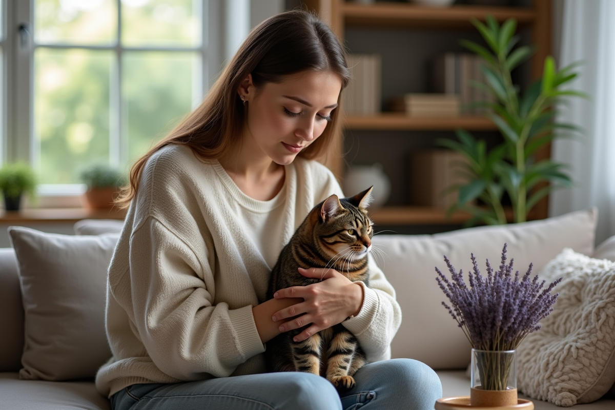 Femme calme avec chat et lavande dans un salon cosy
