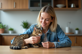 Femme souriante tenant son chat et microchip