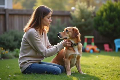 Jeune femme avec chien dans jardin clôturé