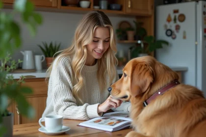 Jeune femme lisant un guide animalier avec un chien golden retriever