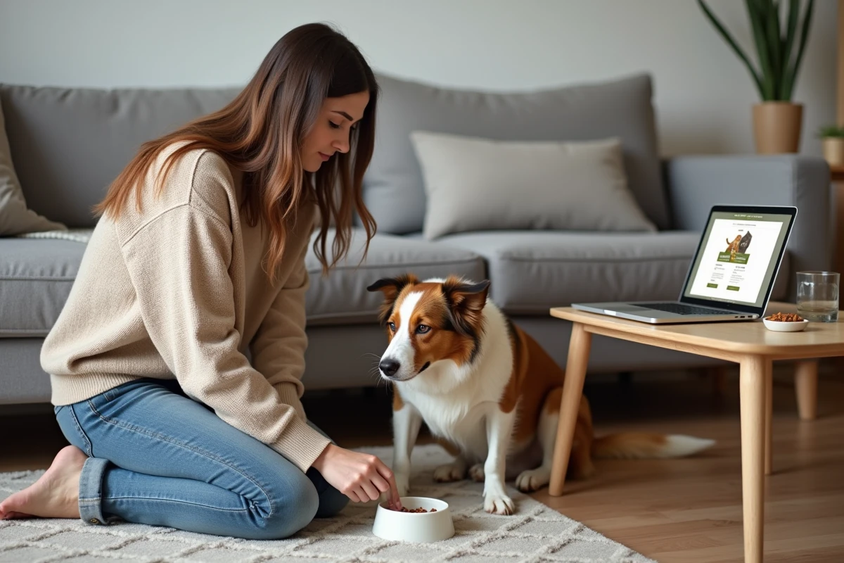 Femme présentant un repas frais à son chien border collie dans un salon cosy, avec un ordinateur portable affichant une comparaison d'abonnements de croquettes fraîches pour chiens