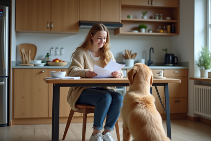 Jeune femme avec chien regarde des factures vétérinaires