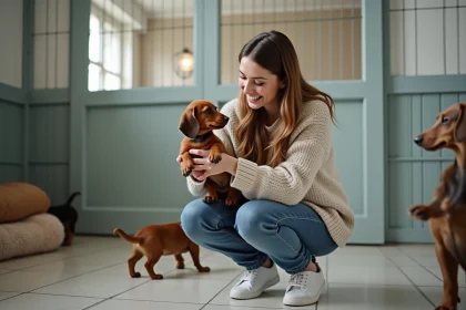 Femme souriante avec chiot dachshund dans un élevage intérieur