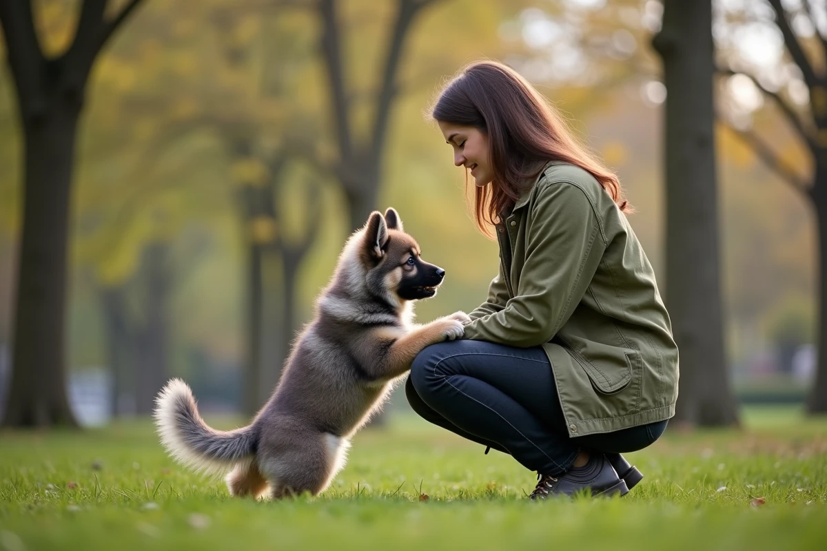 Femme agenouillée dans un parc avec un chiot Eurasier gris et sable grimpant sur ses genoux, interaction naturelle et affectueuse