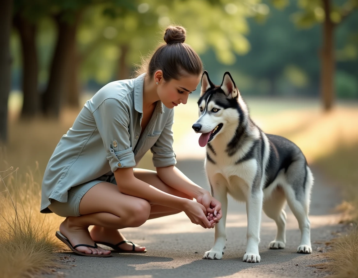 Femme vérifiant les coussinets de son husky sibérien sous la chaleur estivale dans un parc ombragé