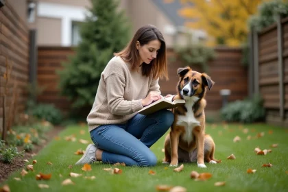 Femme examine le collier de son chien dans le jardin