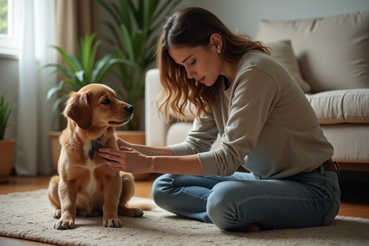 Femme inspectant le pelage de son chien dans un salon cosy