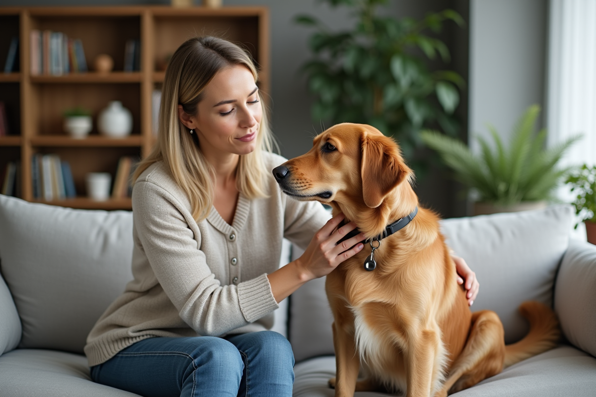 Femme caressant un golden retriever dans un salon chaleureux
