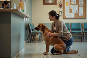 Femme caressant son chien dans un refuge animalier