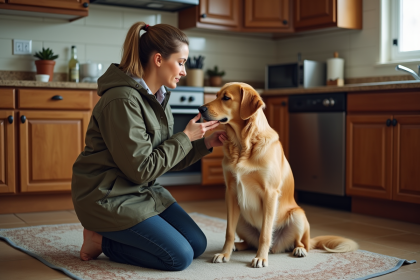 Femme donnant un médicament à son chien dans la cuisine