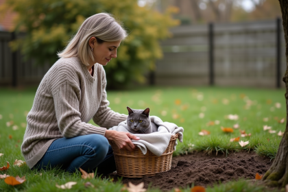 Femme assise près d un arbre avec un chat dans un panier
