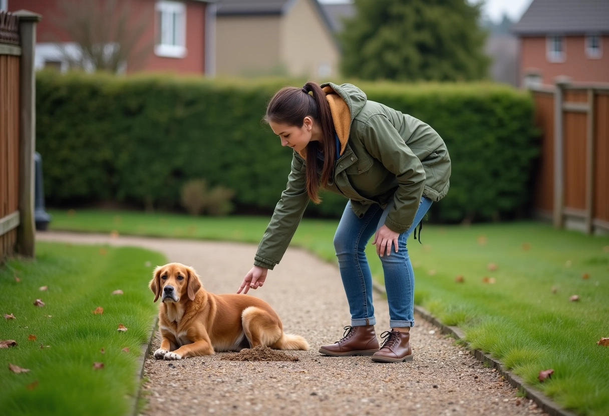 Femme pointant une petite pile dans un jardin suburbain