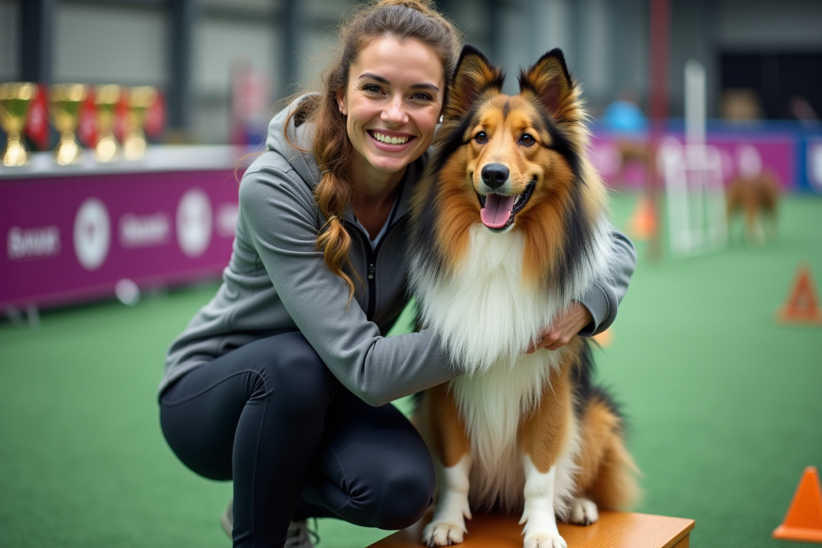 Femme heureuse avec son Sheltie lors d