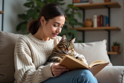 Jeune femme lisant un livret d'assurance avec son chat sur les genoux