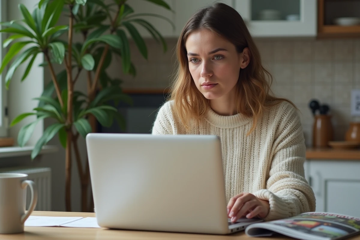 Femme sceptique lisant un article sur une musaraigne au café