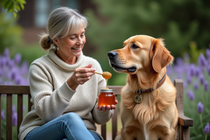 Femme offrant du miel à son chien dans un jardin fleuri