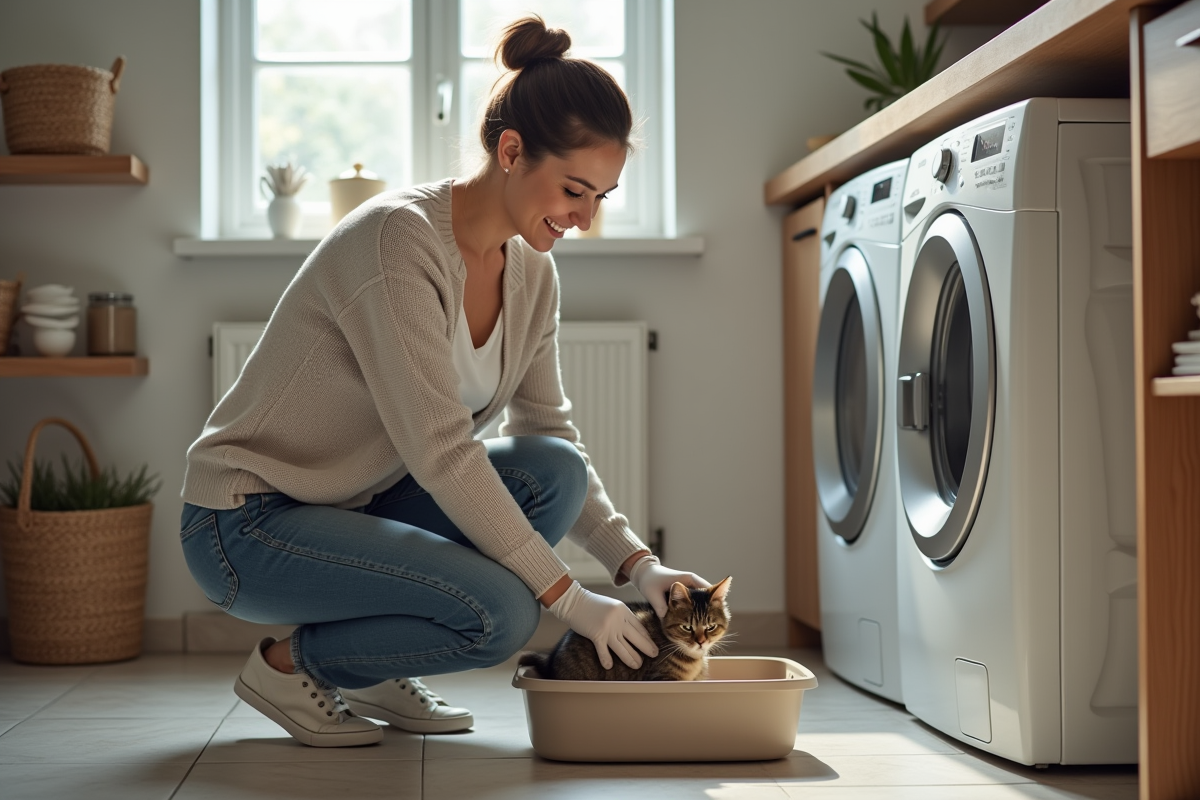 Femme en jeans nettoyant la litière de chat dans la buanderie