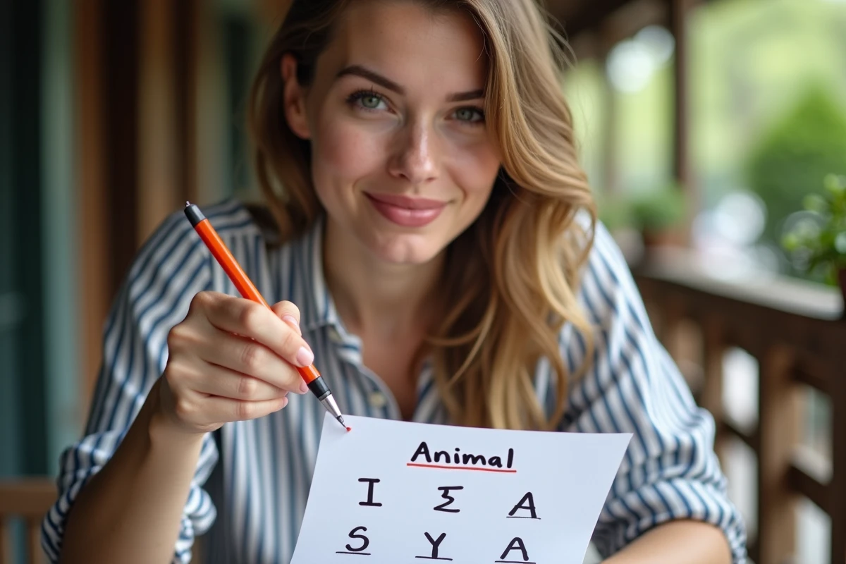 Jeune femme concentrée tenant un stylo au-dessus d'une feuille de jeu Petit Bac avec la lettre I entourée