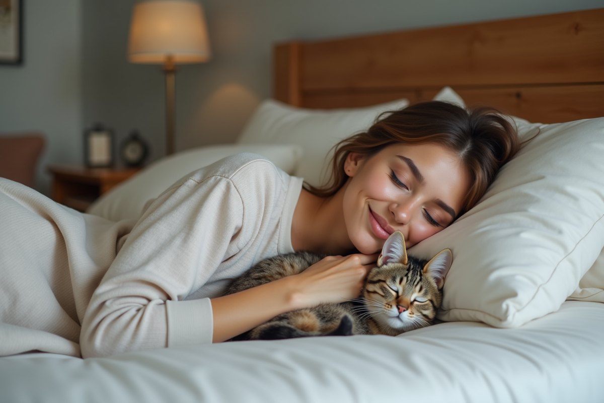 Jeune femme en pyjama allongée avec son chat dans un lit cosy