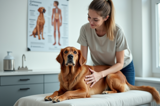 Femme rassurant un chien golden retriever en clinique vétérinaire