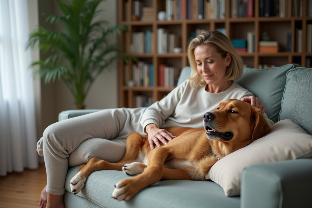 Femme relaxant avec un chien endormi dans un salon chaleureux