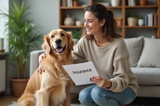 Femme avec son chien retriever dans un salon chaleureux
