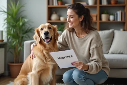 Femme avec son chien retriever dans un salon chaleureux
