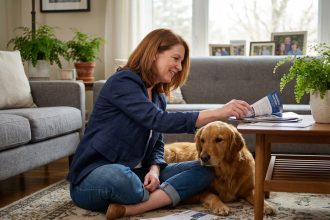 Femme assise avec son chien retriever dans un salon chaleureux