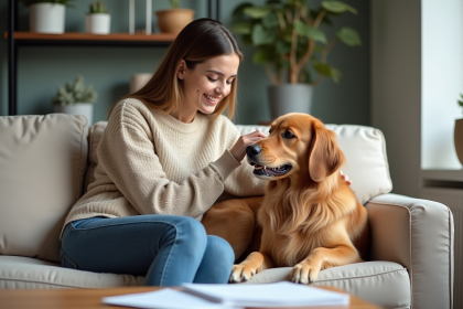 Jeune femme souriante avec son chien retriever dans un salon cosy