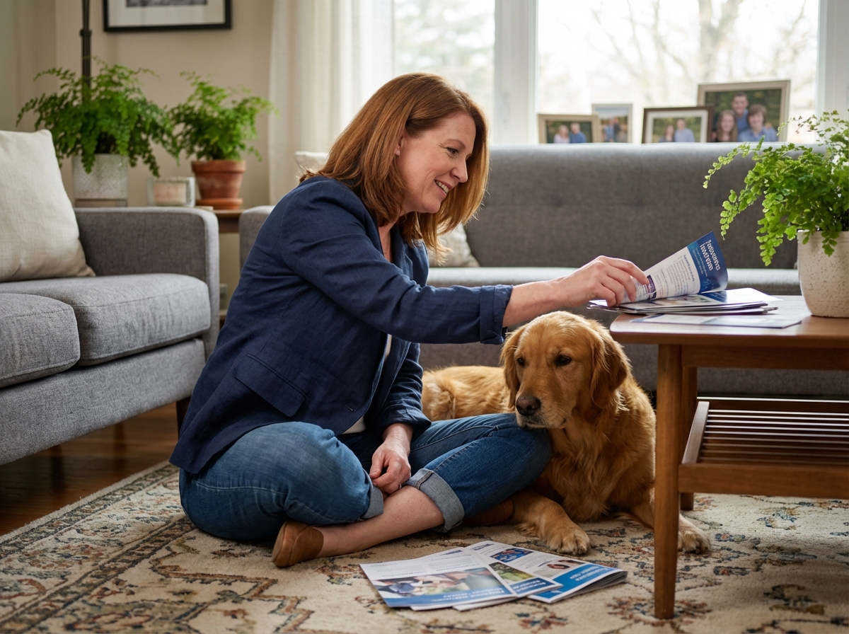 Femme assise avec son chien retriever dans un salon chaleureux