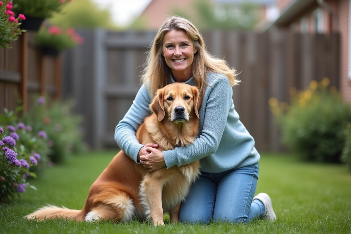 Femme souriante avec retriever dans le jardin