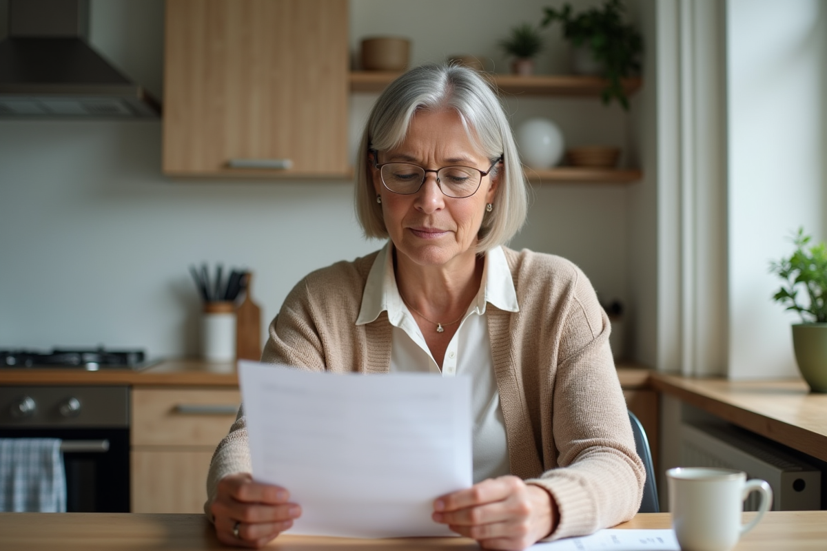 Femme d'âge moyen examine documents d'assurance santé à la maison