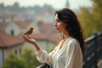 Femme tenant sa main vers un rouge-gorge posé sur une rambarde de balcon en ville, symbolisant la connexion avec les oiseaux dans la vie quotidienne
