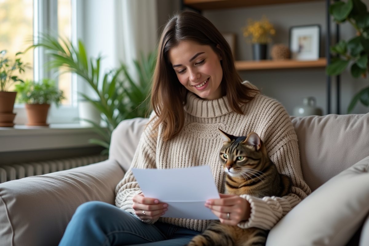 Jeune femme examine des documents d'assurance avec son chat sur un sofa