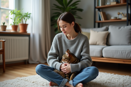 Jeune femme avec chat dans un salon cosy