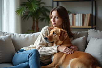 Femme assise avec son chien dans un salon moderne