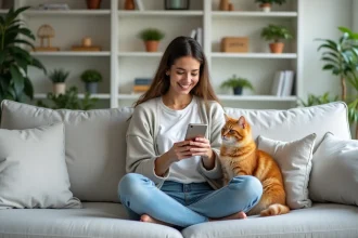 Jeune femme photographiant son chat roux sur son smartphone depuis son canapé à la maison