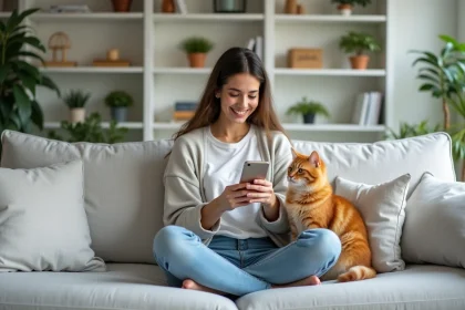 Jeune femme photographiant son chat roux sur son smartphone depuis son canapé à la maison