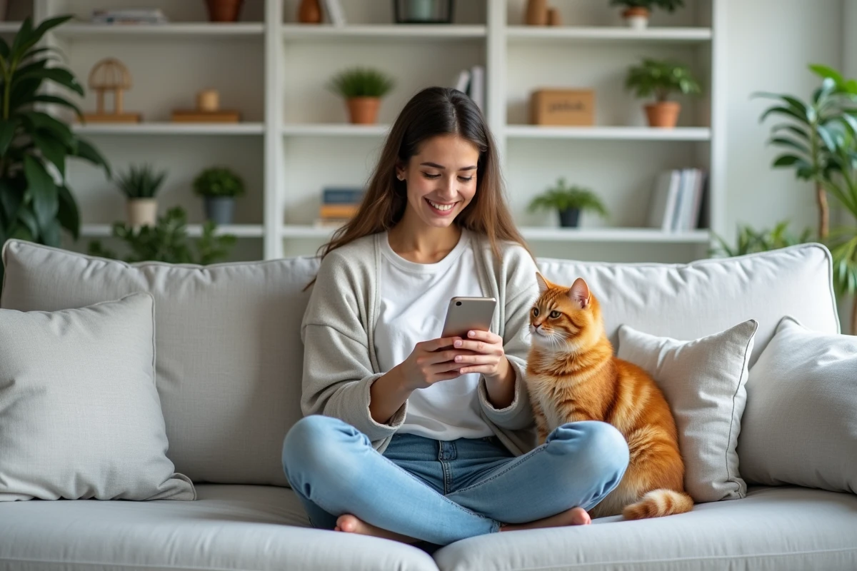 Jeune femme photographiant son chat roux sur son smartphone depuis son canapé à la maison