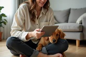 Femme consultant un site d'actualités animaux sur une tablette avec son golden retriever posé sur ses genoux dans un salon chaleureux