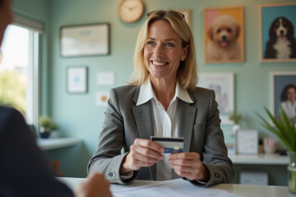 Femme d'âge moyen à la clinique vétérinaire avec carte de paiement