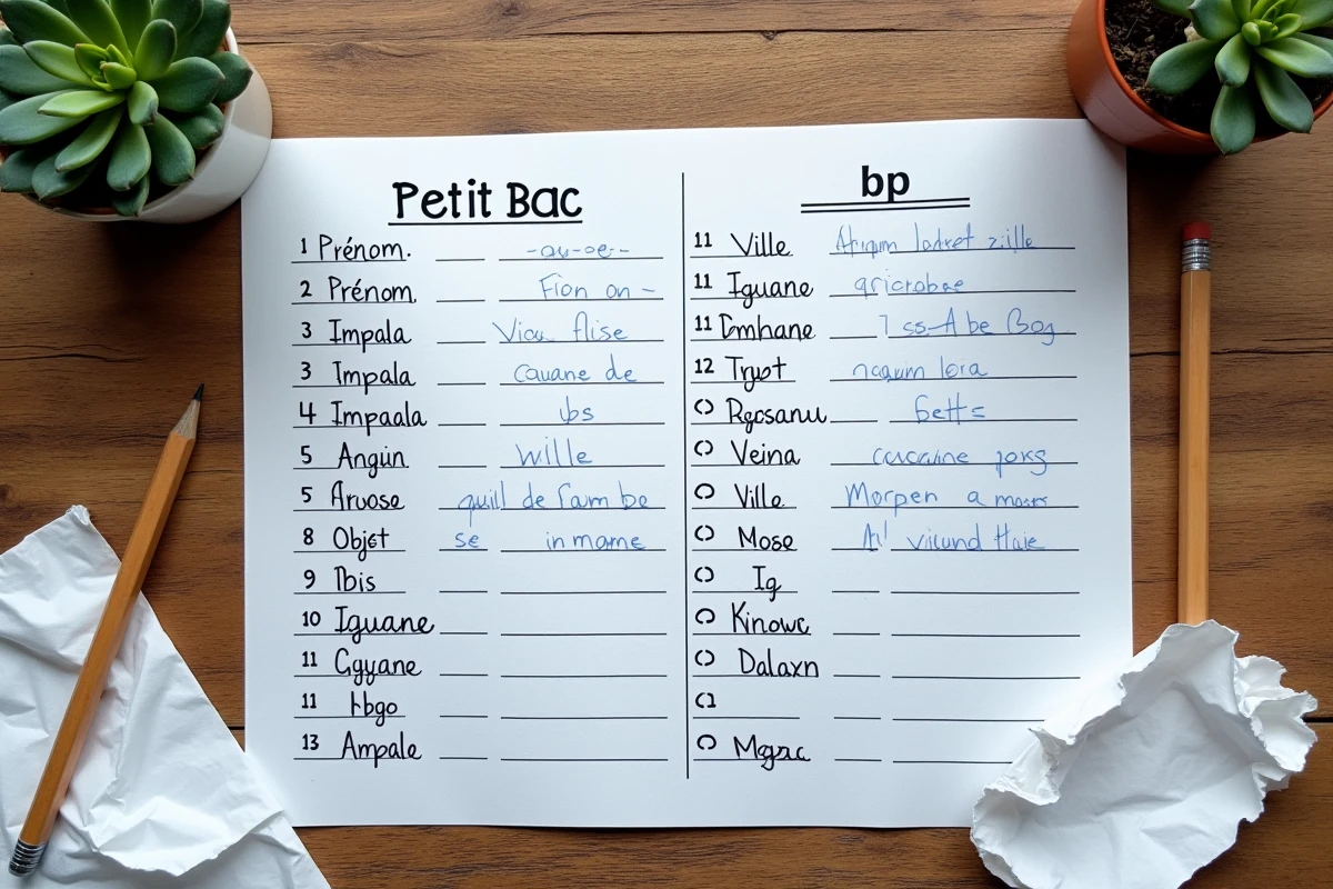 Vue de dessus d'une feuille de Petit Bac avec des réponses animaux en I comme Impala, Iguane et Ibis écrites à la main
