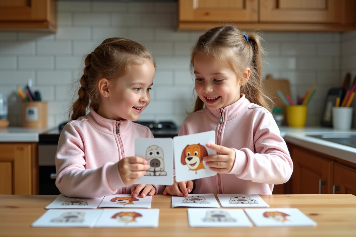 Deux filles triant des cartes illustrées de chiens de secours