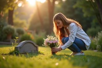 Jeune femme posant un bouquet sur une tombe d'animal dans un jardin paisible