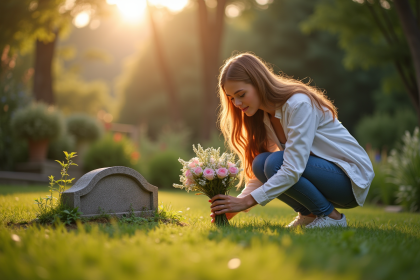 Jeune femme posant un bouquet sur une tombe d'animal dans un jardin paisible