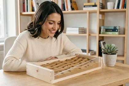 Femme observant une fourmilière en bois avec des fourmis actives dans des galeries de sable, posée sur un bureau moderne minimaliste