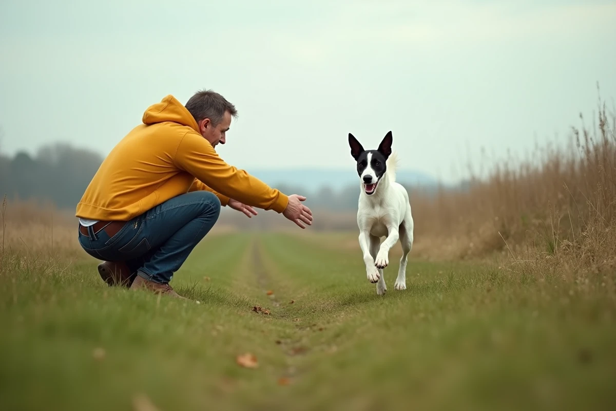 Fox Terrier à poil court en plein rappel courant dans une prairie vers son maître accroupi les bras ouverts