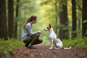 Fox Terrier à poil court assis sur un sentier forestier regardant attentivement sa maîtresse lors d'un exercice de rappel en balade