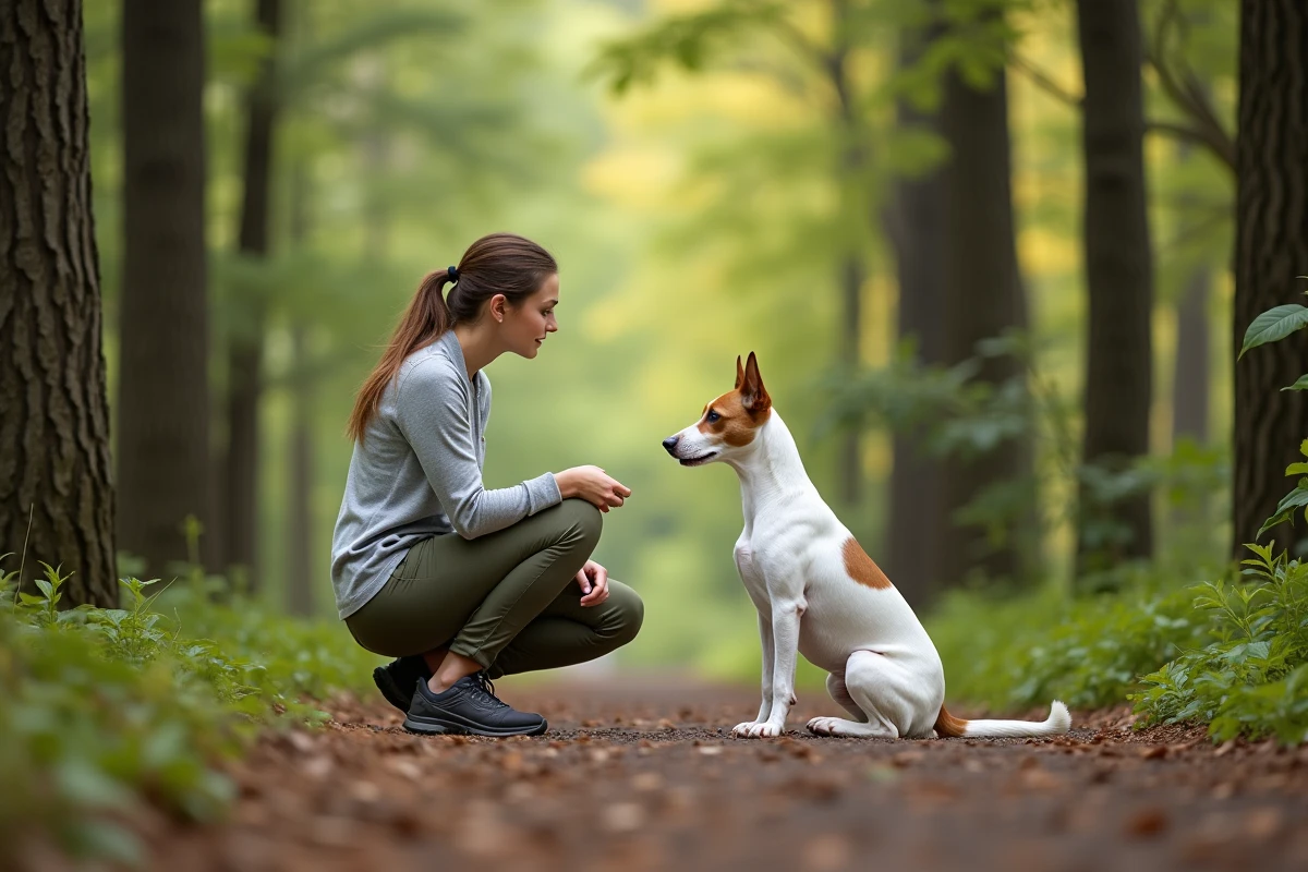 Fox Terrier à poil court assis sur un sentier forestier regardant attentivement sa maîtresse lors d'un exercice de rappel en balade